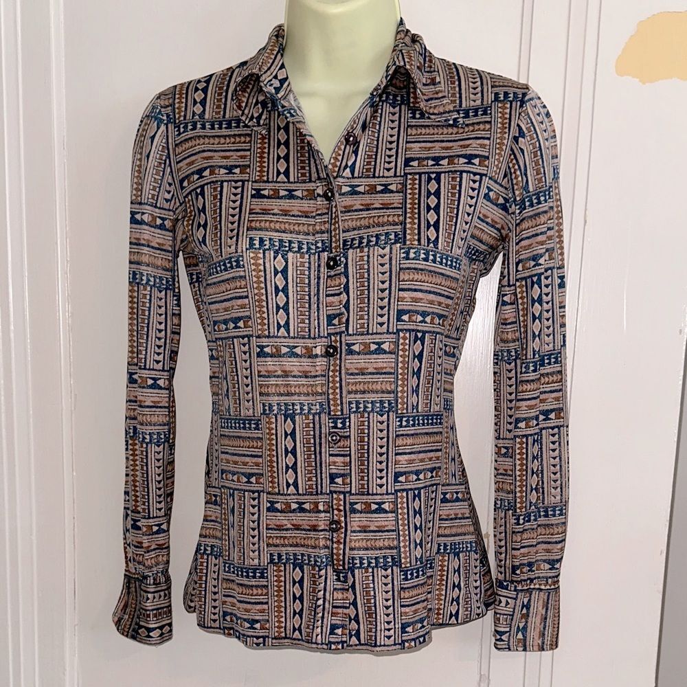 Vintage 60s/70s Organically Grown Blue, Tan‎ & Brown Knit Polyester Shirt